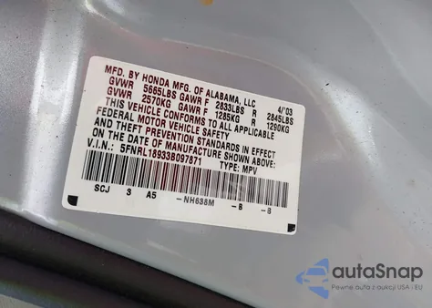 2003 Honda Odyssey Ex-L из США, поврежденный, VIN 5FNRL18933B097871